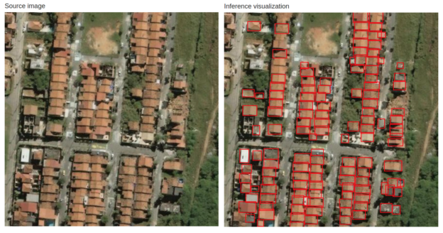 Figure 4: SpaceNet validation image (left) and the corresponding prediction (right).