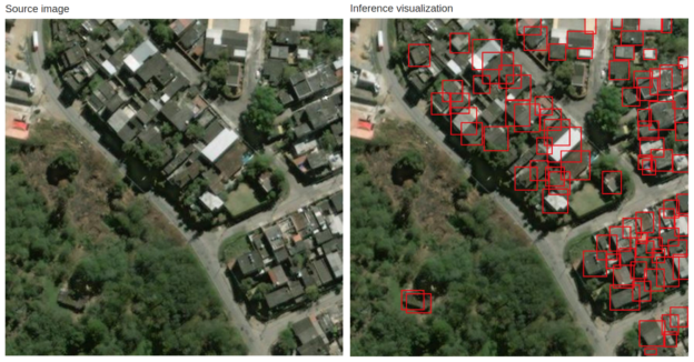 Figure 4: SpaceNet validation image (left) and the corresponding prediction (right).