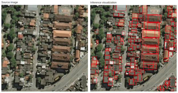 Figure 4: SpaceNet validation image (left) and the corresponding prediction (right).