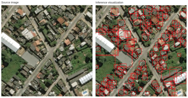 Figure 4: SpaceNet validation image (left) and the corresponding prediction (right).