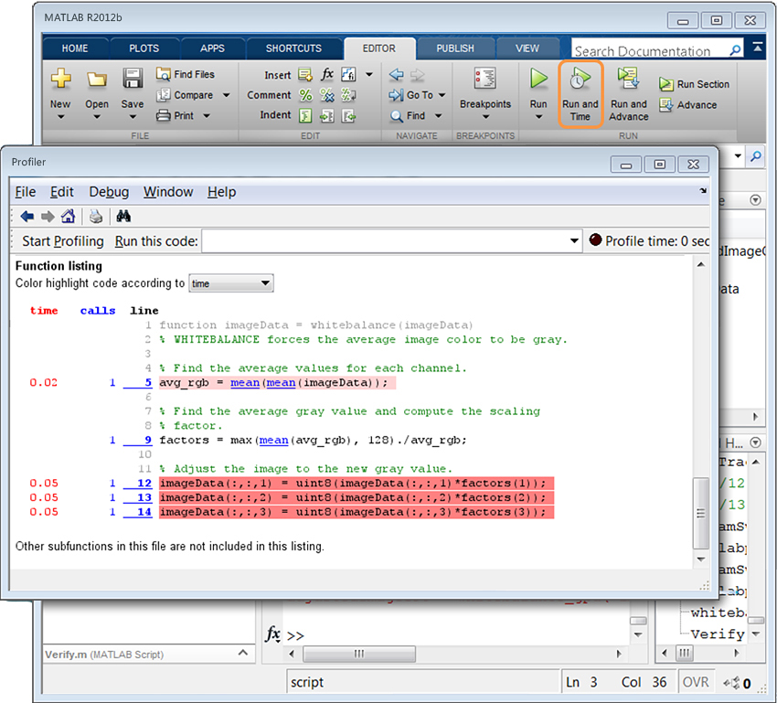 Figure 2. Measuring execution time of the white balance function with the MATLAB Profiler.