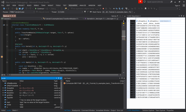 Figure 3: Debugging C# GPU code with NVIDIA Nsight Visual Studio Edition.