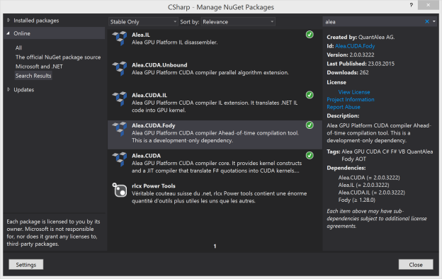 Figure 1: Alea GPU Nuget packages.