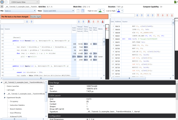 Figure 4: Profiling C# GPU code with NVIDIA Nsight Visual Studio Edition.