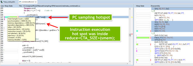 Figure 3: New in CUDA 7.5, instruction-level-profiling pinpoints specific lines of code that are hotspots.