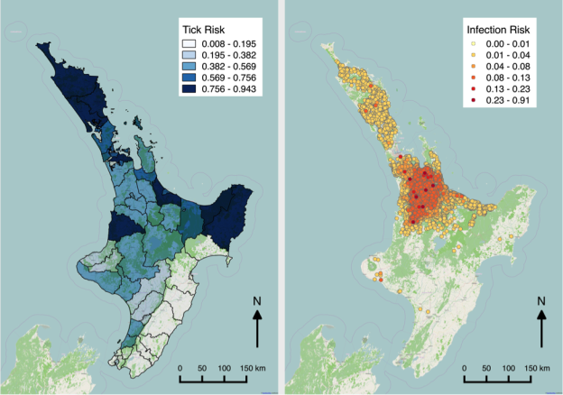 Figure 1: Predicting the risk of infection by the tick-borne cattle parasite Theileria orientalis (Ikeda) for uninfected farms. Source: Jewell, CP and Brown RG (2015) Bayesian data assimilation provides rapid decision support for vector-borne diseases. J. Roy. Soc. Interface 12:20150367. http://dx.doi.org/10.1098/rsif.2015.0367