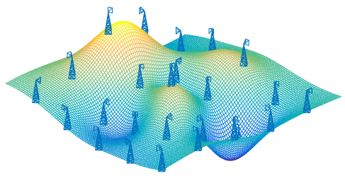 Figure 1: 3D plot of the map data and antenna positions