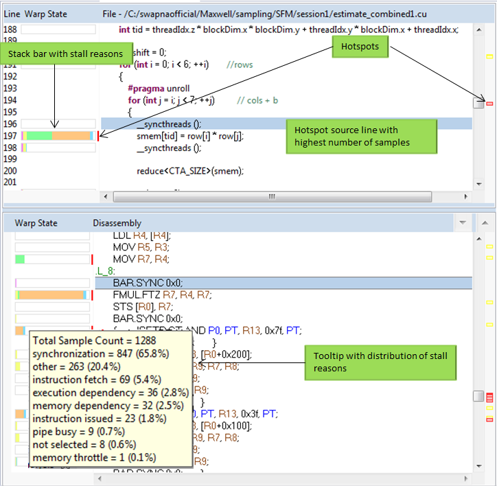 Figure 6: The NVIDIA Visual Profiler Source-assembly view (top-bottom view), showing PC sampling stacked bar graphs for instructions and corresponding lines of code.