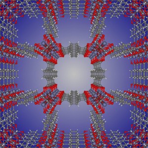 Figure 1: The repeating crystal structure of metal-organic framework IRMOF-1. Atom color dictionary = {carbon: gray, oxygen: red, zinc: blue, hydrogen: white}.