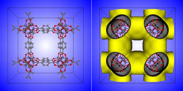 Figure 2: A nanoporous material can be abstracted as a raveled-up surface. On the left is the unit cell of the IRMOF-1 crystal structure. On the right is a depiction of the surface that IRMOF-1 forms.