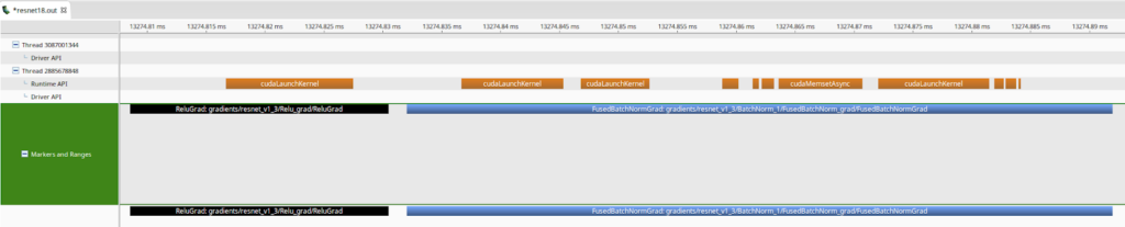 Profiler screenshot showing annotated ranges for GPU operations