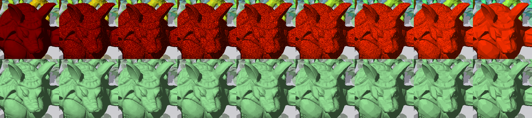 Picture shows the transition from a higher LOD to lower LOD, with color encoding and without.