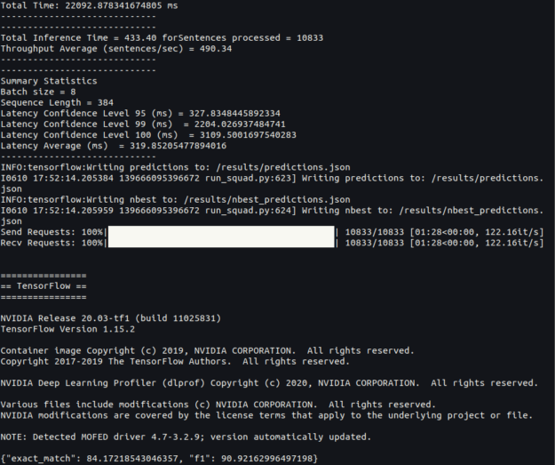 Successful result of run_triton script execution will export BERT model for Triton Inference Server, launch the server, perform inference, and return the evaluation metric.