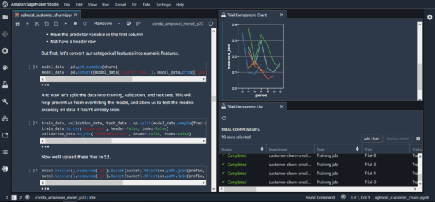 Use an IDE for ML development. For example, make updates to models inside a notebook and see how changes impact model quality using a side-by-side view of your notebook and training experiments.