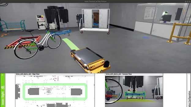 Top: Factory of future scene in Isaac Sim Unity3D where BMW STR arrives at the cart pickup point along with the path planned in the green bar. Bottom right: BMW-STR camera’s point view along with the detected 2D bounding box (in blue) of the cart and 3D bounding box (in green) with the estimated 3D pose of the industrial cart. Bottom left: Map view of the factory of future scene with drivable path of STR in green and STR location in blue