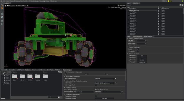 Screenshot of Omniverse Isaac Sim showing the PhysX configuration of an imported NVIDIA Kaya robot.