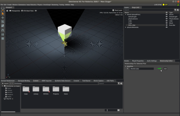 Screenshot of Omniverse Isaac Sim showing a simulated LIDAR detecting distance from a box.