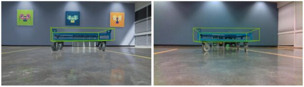 Inference of industrial cart pose estimation on identical simulated images from BMW STR’s perspective, demonstrating the sim-to-real transfer of the object detection and pose estimation models in Isaac SDK.