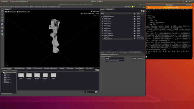 Screenshot of Isaac Sim software streaming joint states to ROS running in a separate terminal.