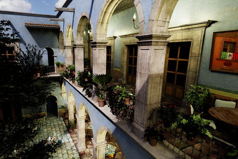 A beautiful, real-time rendering of the complex San Miguel scene with complex dynamic lighting.
