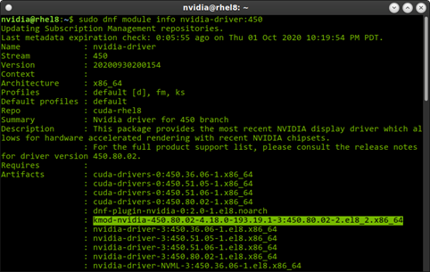 The terminal output of `sudo dnf module info nvidia-driver:450.