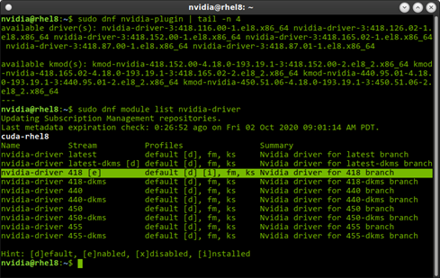 The terminal output of `sudo dnf module list nvidia-driver`.