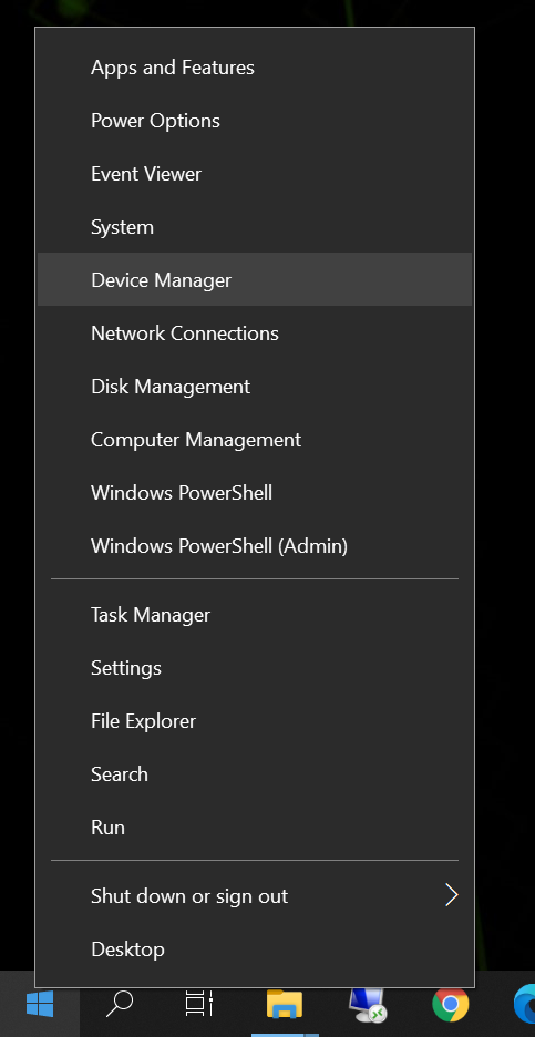 Right click Windows Start icon and select “Device Manager”
