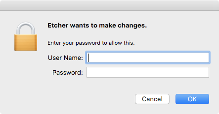 Enter username and password to allow Etcher to proceed