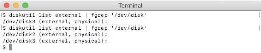Mac Terminal app - command to list external disk devices